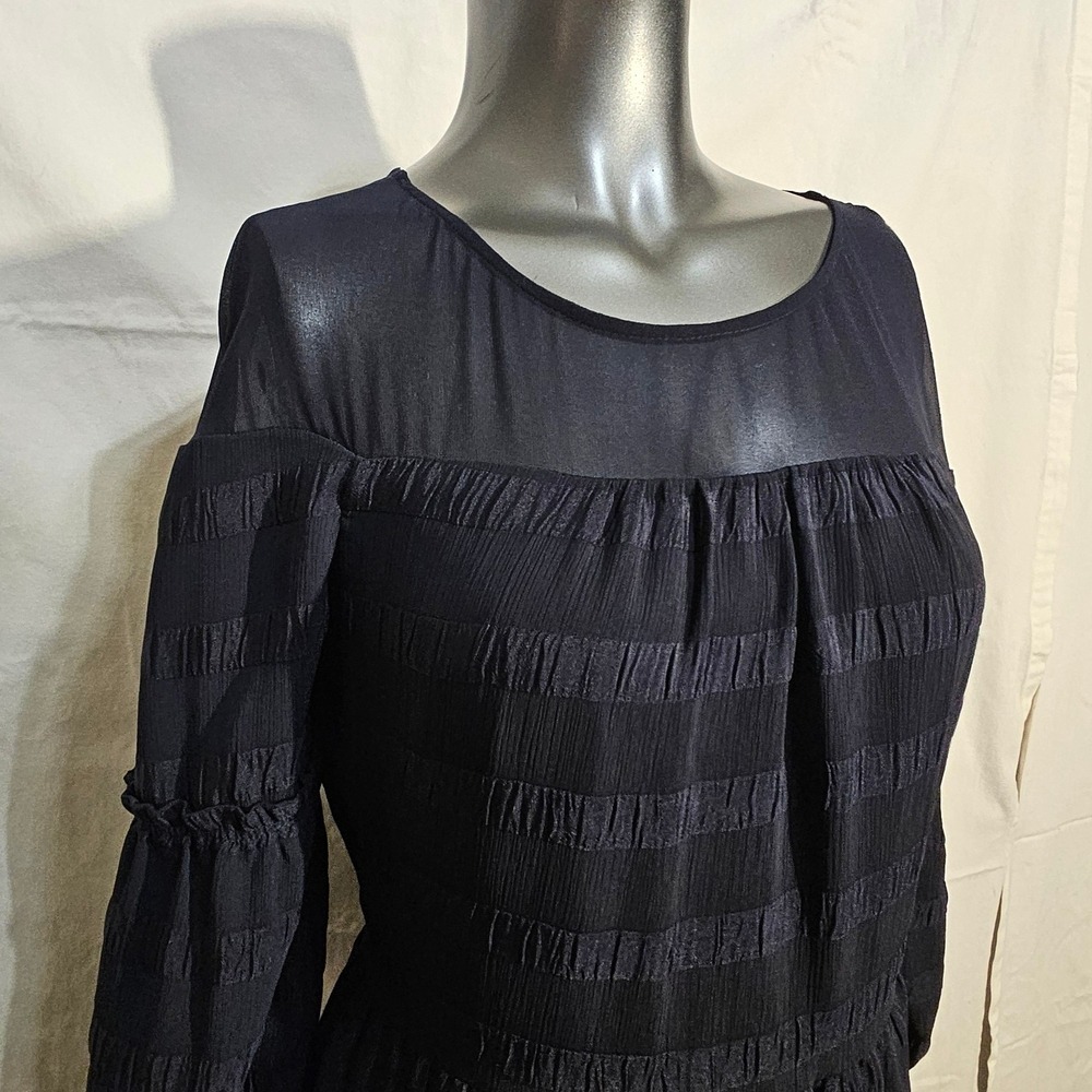 Banana Republic LS Sheer Yoke Midnight Blue Tiered Long Sleeve Dress Womens Sz 6